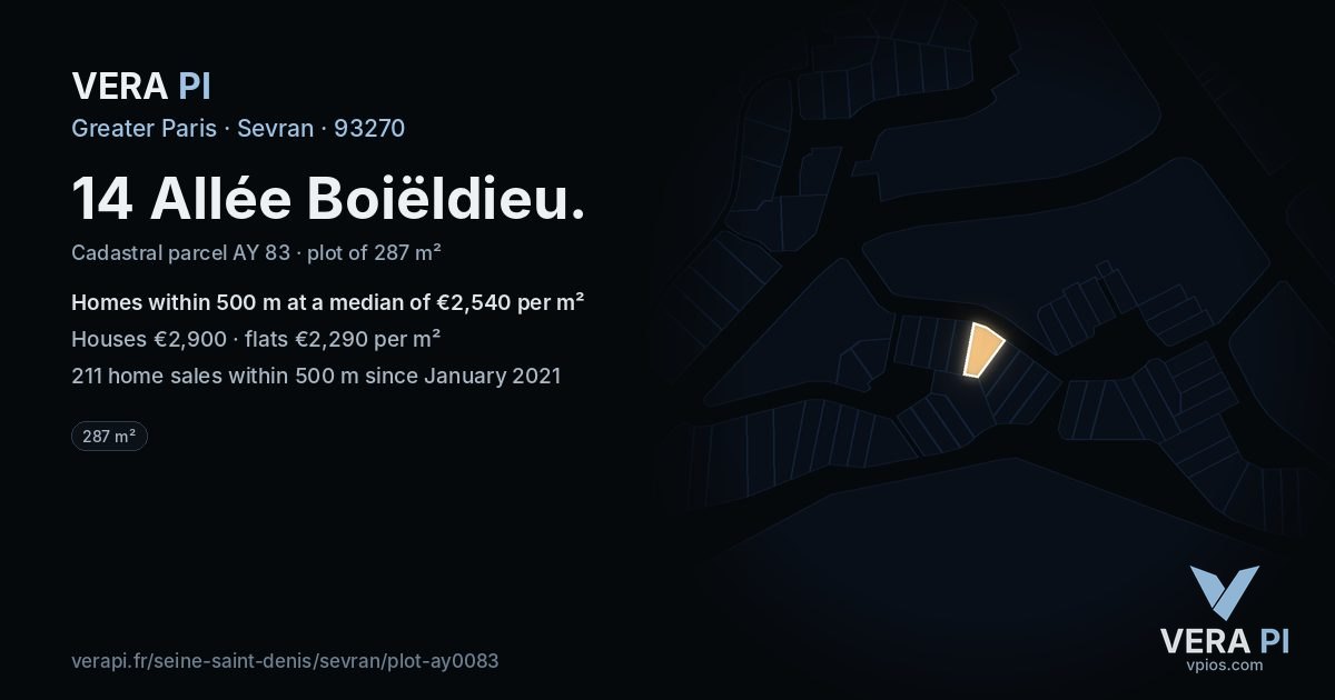 14 Allée Boiëldieu, Sevran at night – the plot lit, the parcels around coloured by the prices near them