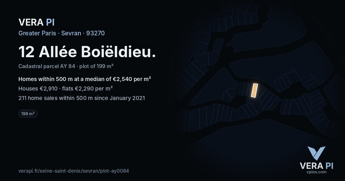 12 Allée Boiëldieu, Sevran at night – the plot lit, the parcels around coloured by the prices near them