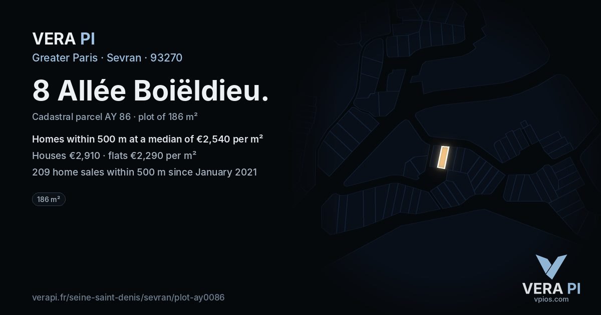 8 Allée Boiëldieu, Sevran at night – the plot lit, the parcels around coloured by the prices near them