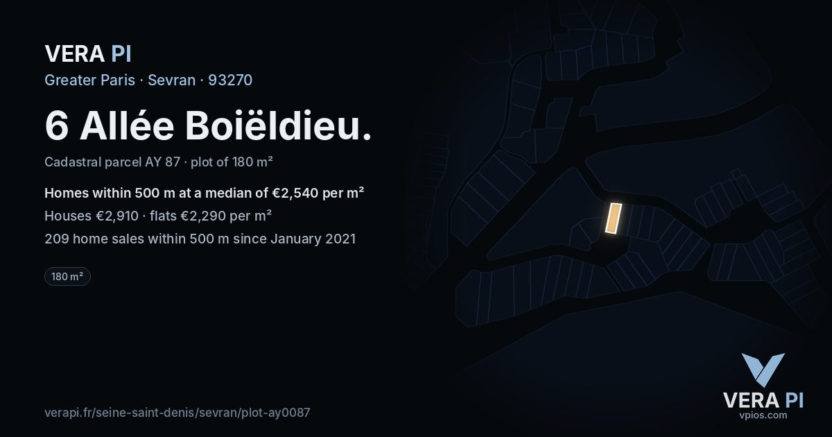 6 Allée Boiëldieu, Sevran at night – the plot lit, the parcels around coloured by the prices near them