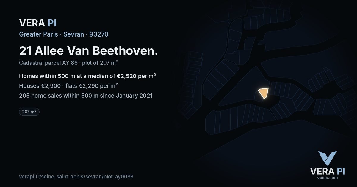 21 Allee Van Beethoven, Sevran at night – the plot lit, the parcels around coloured by the prices near them