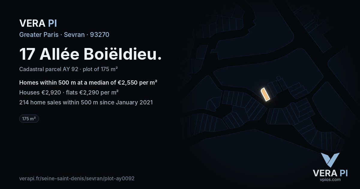 17 Allée Boiëldieu, Sevran at night – the plot lit, the parcels around coloured by the prices near them