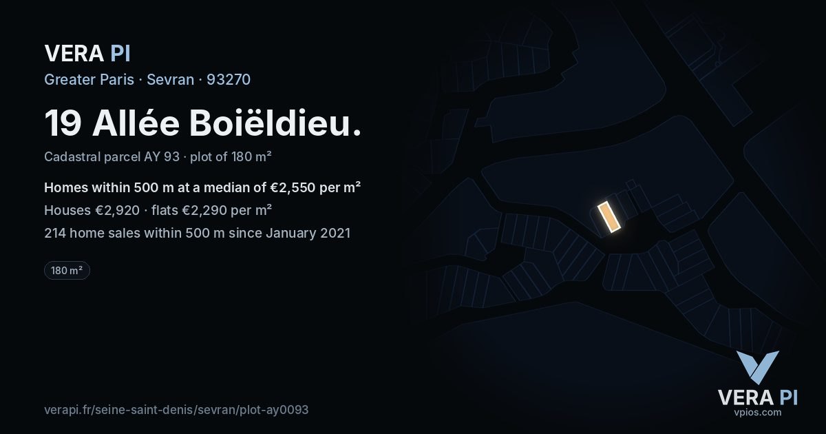 19 Allée Boiëldieu, Sevran at night – the plot lit, the parcels around coloured by the prices near them