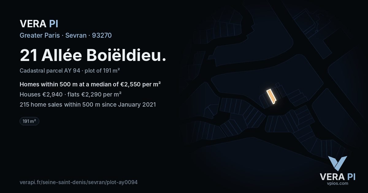 21 Allée Boiëldieu, Sevran at night – the plot lit, the parcels around coloured by the prices near them
