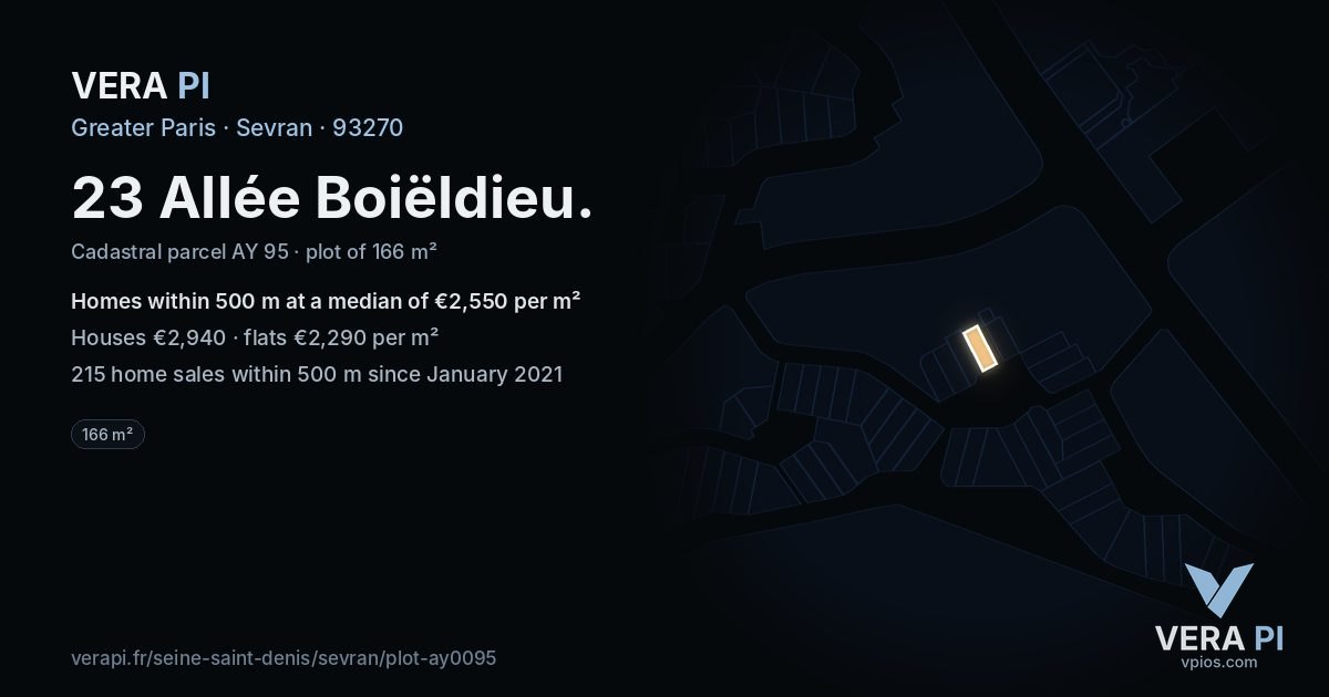 23 Allée Boiëldieu, Sevran at night – the plot lit, the parcels around coloured by the prices near them