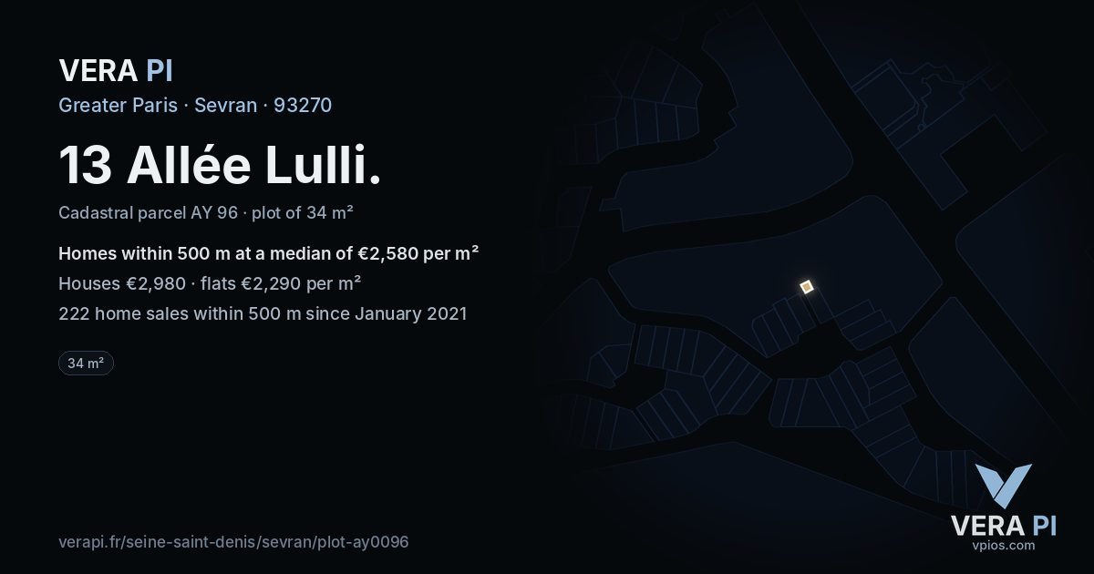 13 Allée Lulli, Sevran at night – the plot lit, the parcels around coloured by the prices near them