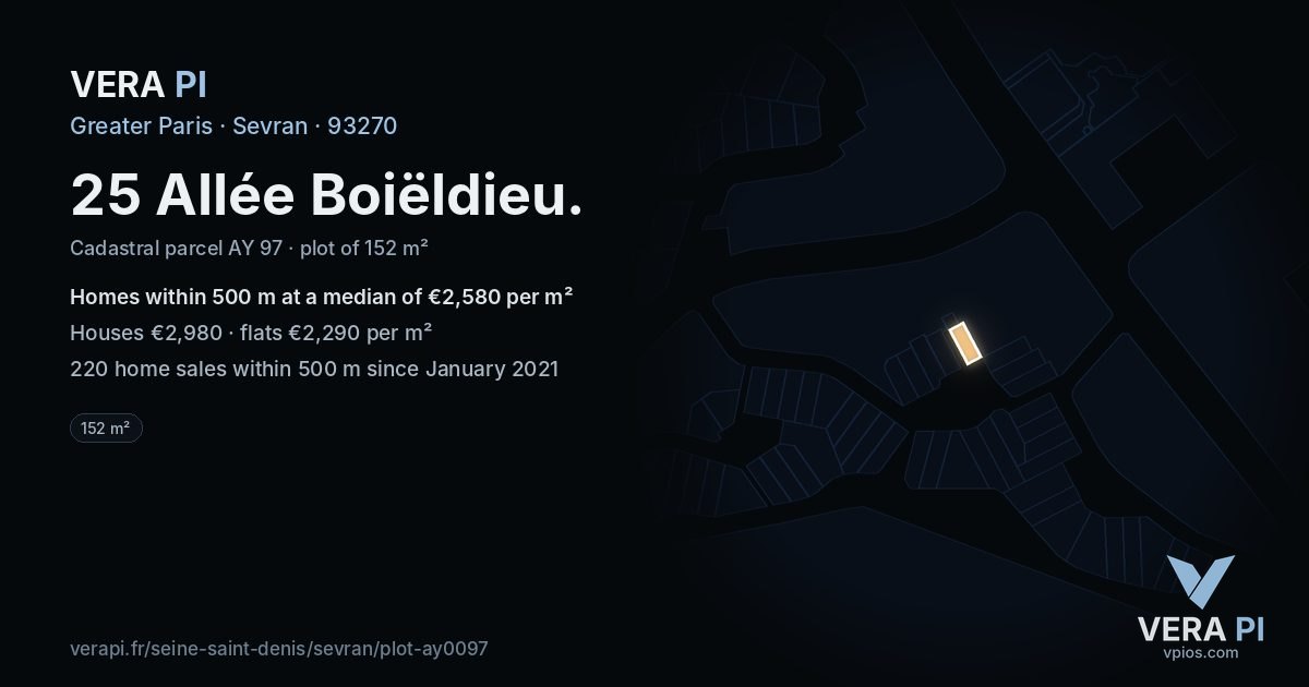 25 Allée Boiëldieu, Sevran at night – the plot lit, the parcels around coloured by the prices near them