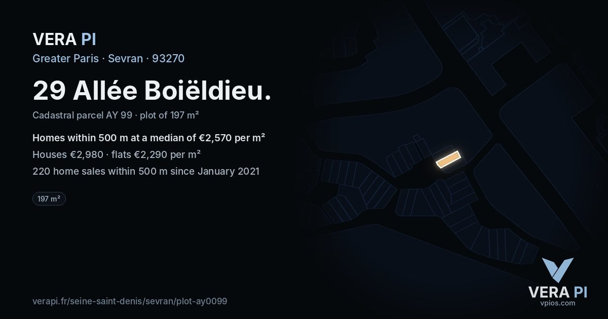 29 Allée Boiëldieu, Sevran at night – the plot lit, the parcels around coloured by the prices near them