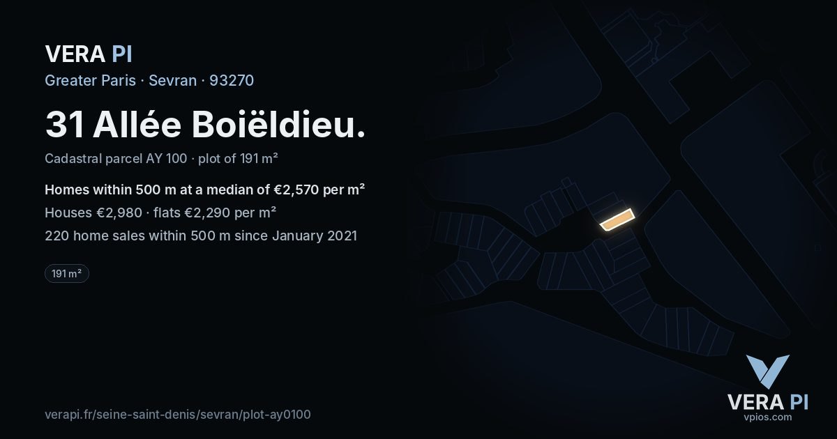 31 Allée Boiëldieu, Sevran at night – the plot lit, the parcels around coloured by the prices near them