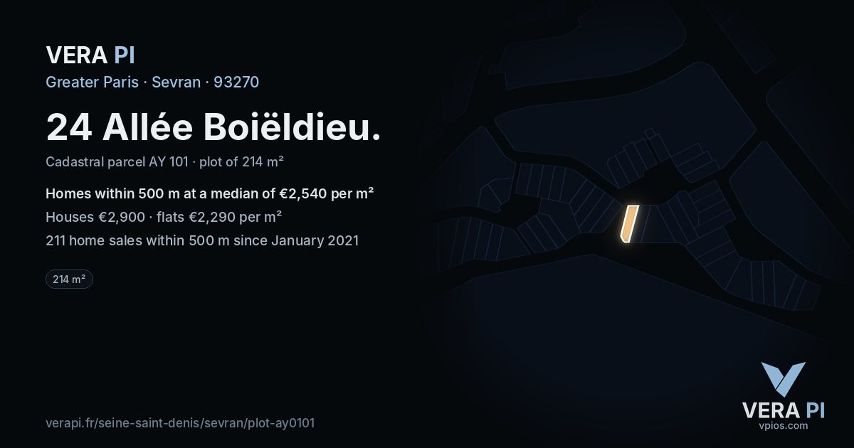 24 Allée Boiëldieu, Sevran at night – the plot lit, the parcels around coloured by the prices near them