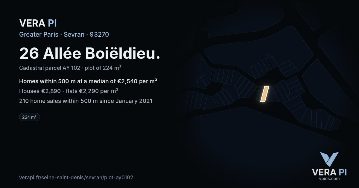 26 Allée Boiëldieu, Sevran at night – the plot lit, the parcels around coloured by the prices near them