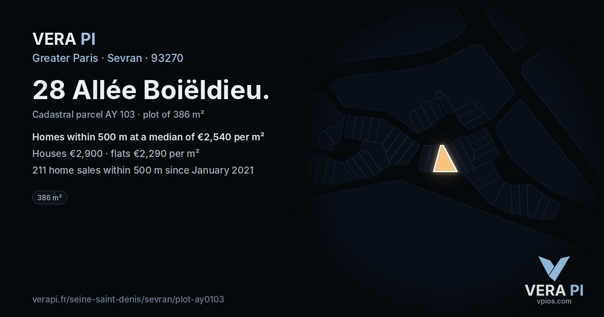 28 Allée Boiëldieu, Sevran at night – the plot lit, the parcels around coloured by the prices near them