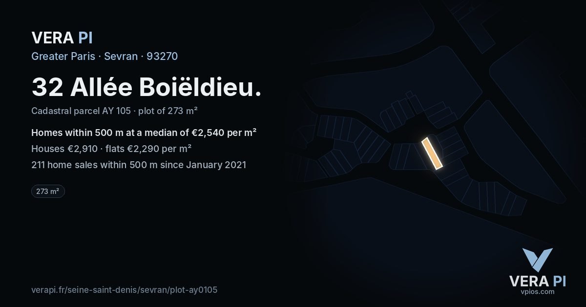 32 Allée Boiëldieu, Sevran at night – the plot lit, the parcels around coloured by the prices near them