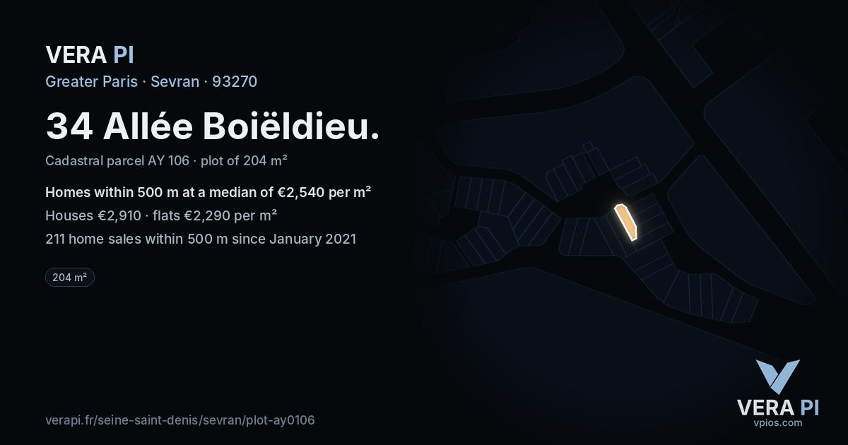 34 Allée Boiëldieu, Sevran at night – the plot lit, the parcels around coloured by the prices near them