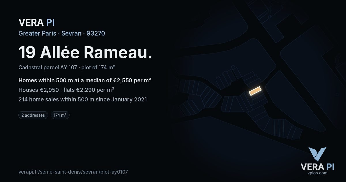19 Allée Rameau, Sevran at night – the plot lit, the parcels around coloured by the prices near them