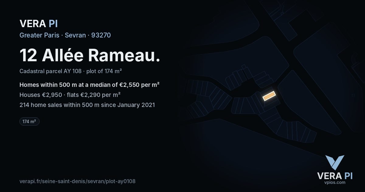 12 Allée Rameau, Sevran at night – the plot lit, the parcels around coloured by the prices near them