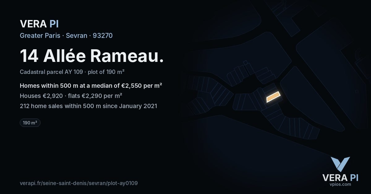 14 Allée Rameau, Sevran at night – the plot lit, the parcels around coloured by the prices near them