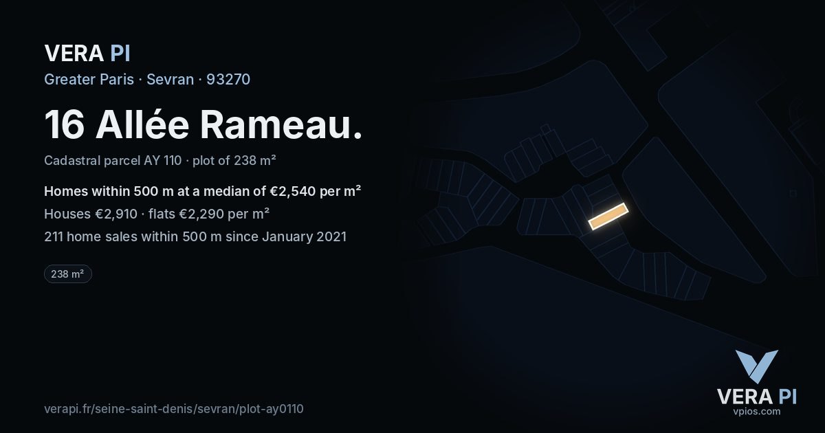 16 Allée Rameau, Sevran at night – the plot lit, the parcels around coloured by the prices near them