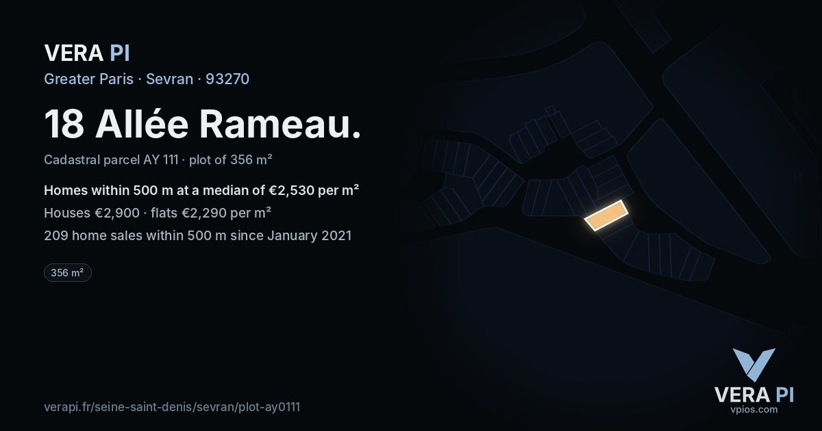 18 Allée Rameau, Sevran at night – the plot lit, the parcels around coloured by the prices near them