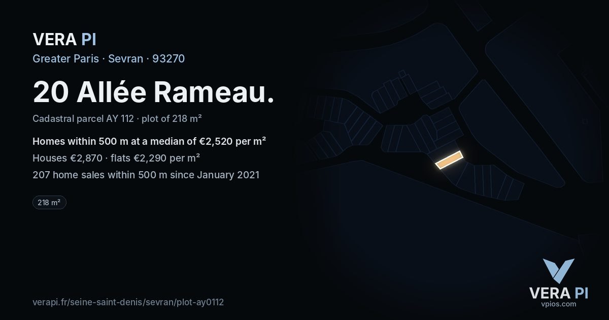 20 Allée Rameau, Sevran at night – the plot lit, the parcels around coloured by the prices near them