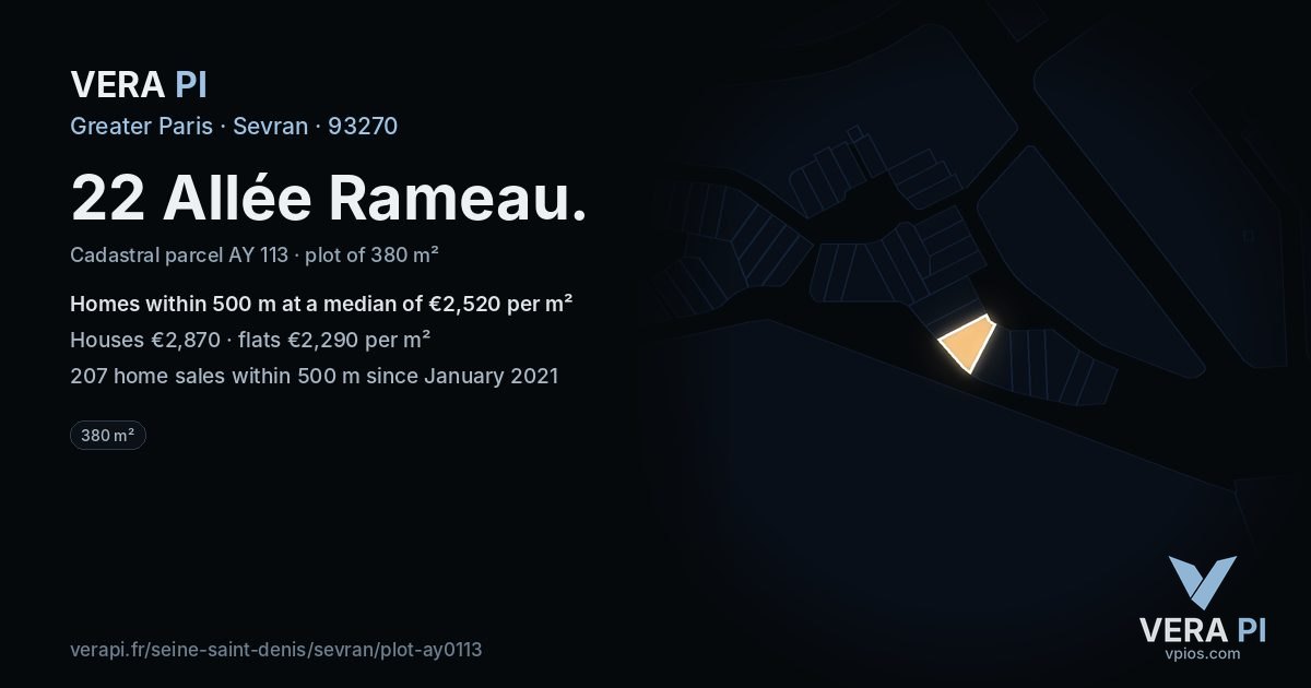 22 Allée Rameau, Sevran at night – the plot lit, the parcels around coloured by the prices near them