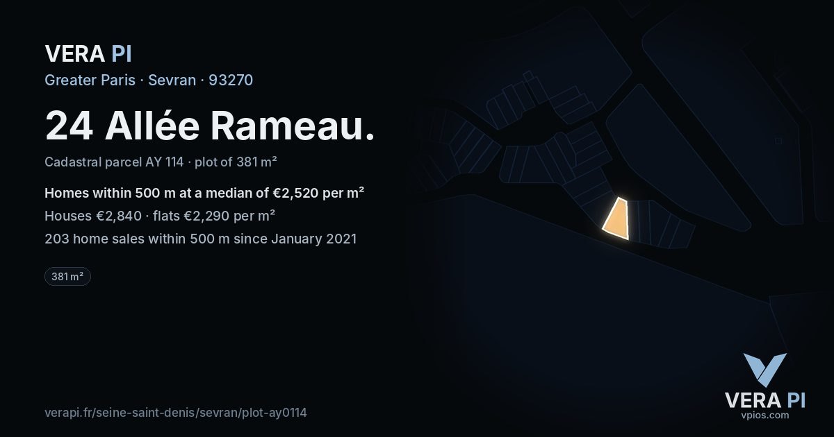 24 Allée Rameau, Sevran at night – the plot lit, the parcels around coloured by the prices near them