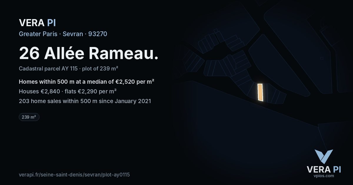 26 Allée Rameau, Sevran at night – the plot lit, the parcels around coloured by the prices near them