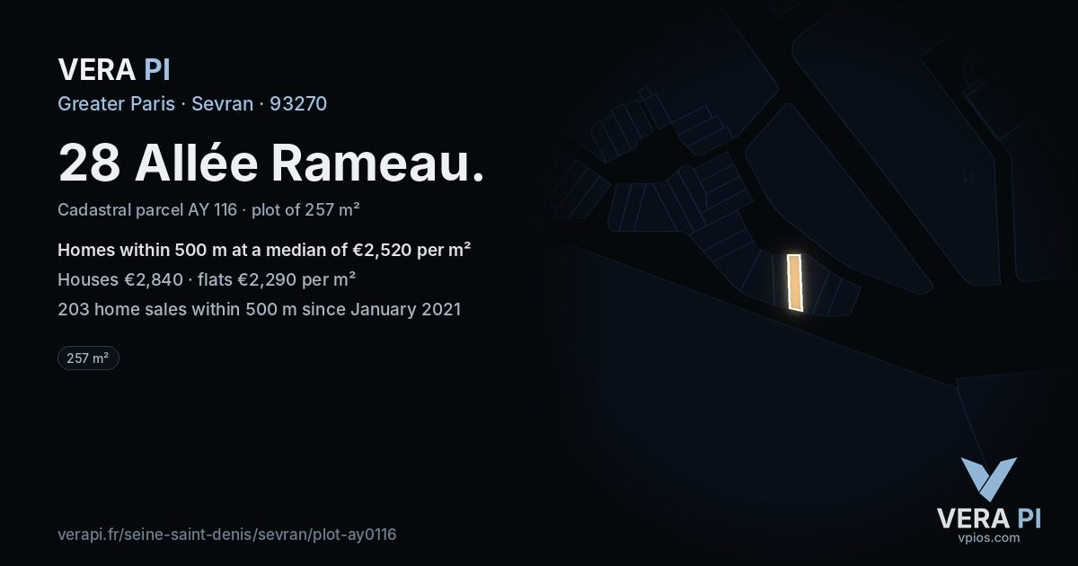 28 Allée Rameau, Sevran at night – the plot lit, the parcels around coloured by the prices near them