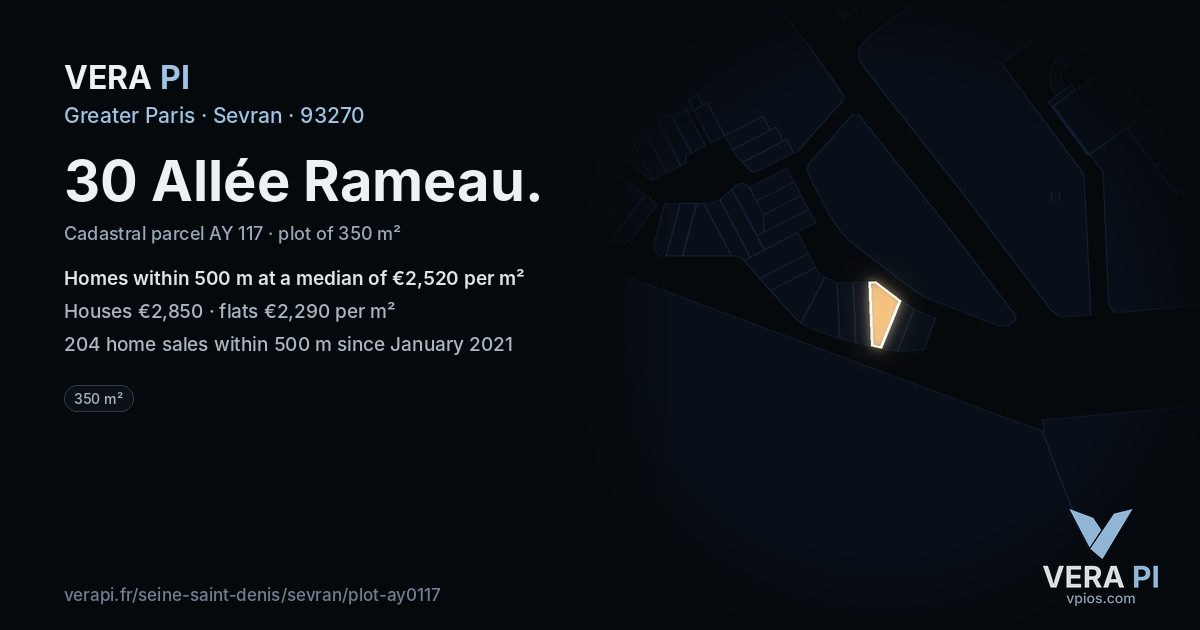 30 Allée Rameau, Sevran at night – the plot lit, the parcels around coloured by the prices near them