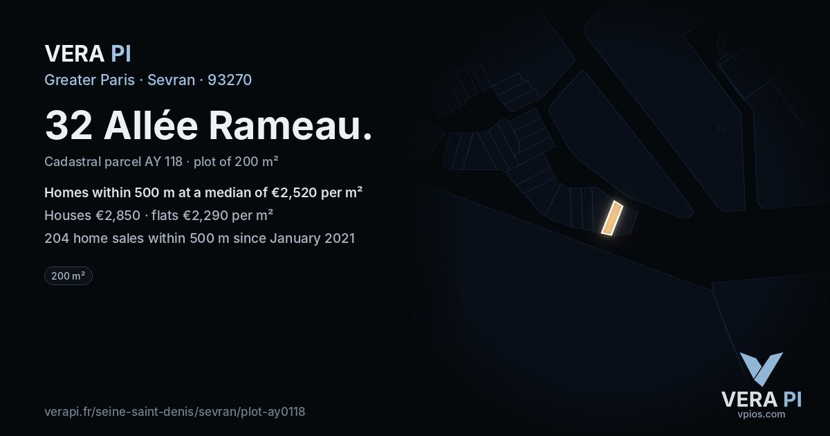 32 Allée Rameau, Sevran at night – the plot lit, the parcels around coloured by the prices near them