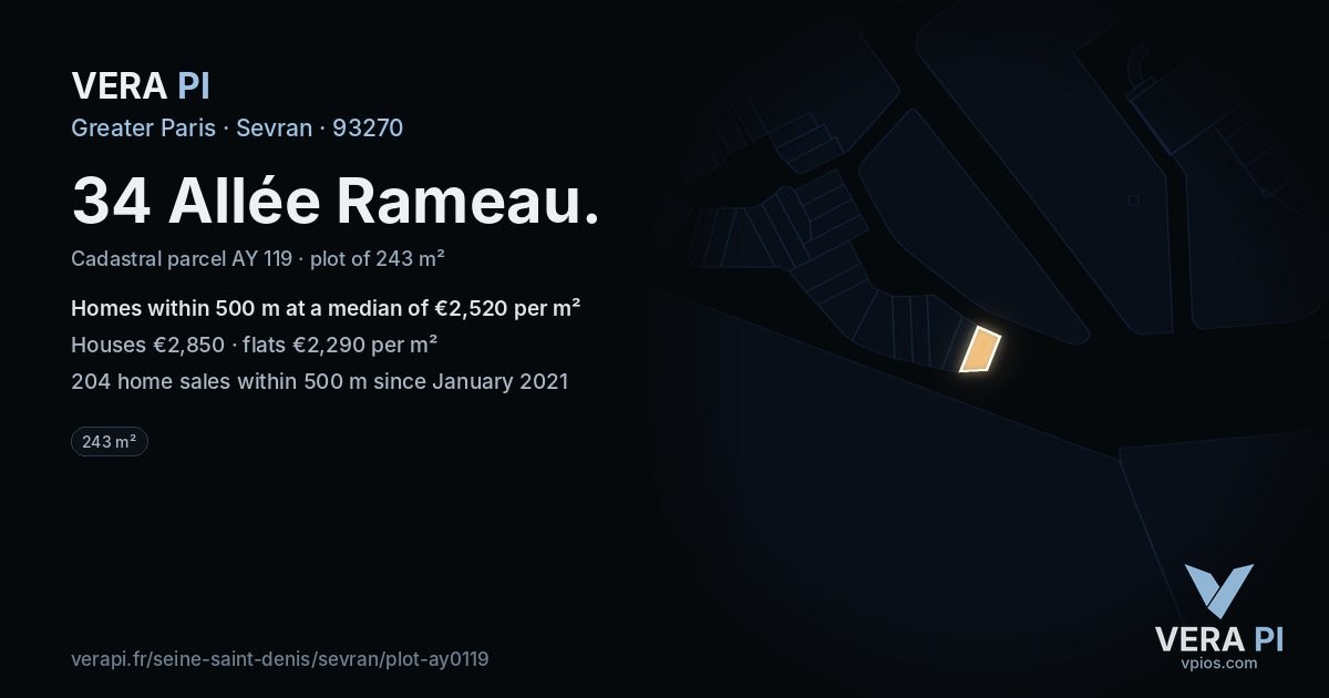 34 Allée Rameau, Sevran at night – the plot lit, the parcels around coloured by the prices near them