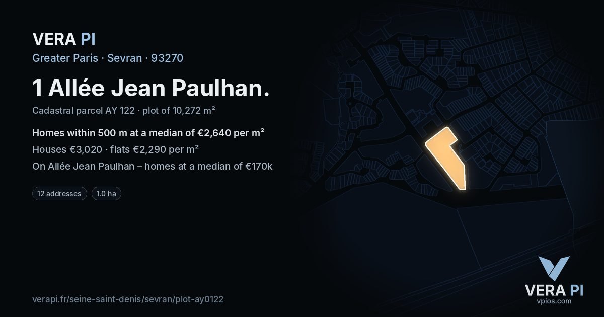 1 Allée Jean Paulhan, Sevran at night – the plot lit, the parcels around coloured by the prices near them