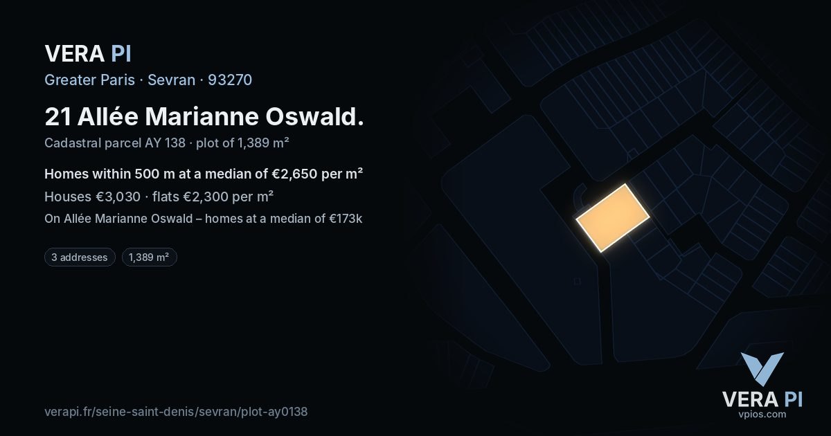 21 Allée Marianne Oswald, Sevran at night – the plot lit, the parcels around coloured by the prices near them
