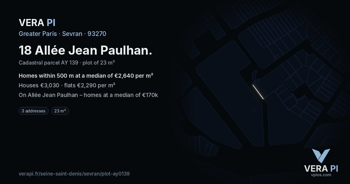18 Allée Jean Paulhan, Sevran at night – the plot lit, the parcels around coloured by the prices near them
