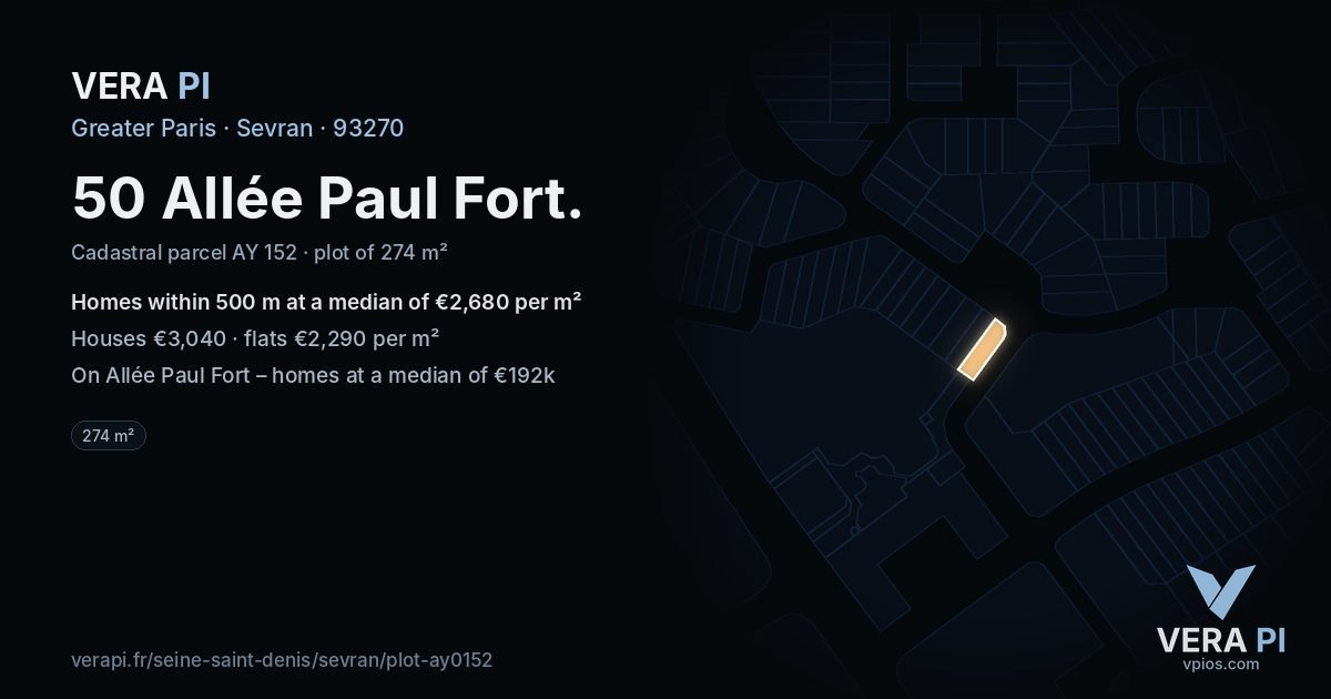 50 Allée Paul Fort, Sevran at night – the plot lit, the parcels around coloured by the prices near them
