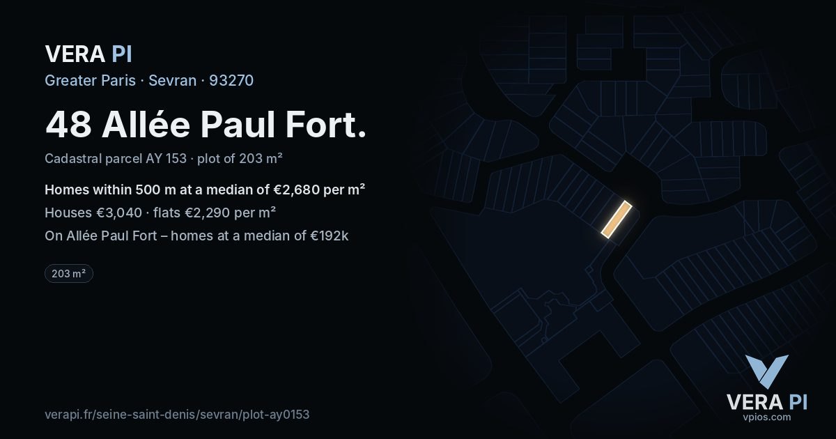 48 Allée Paul Fort, Sevran at night – the plot lit, the parcels around coloured by the prices near them