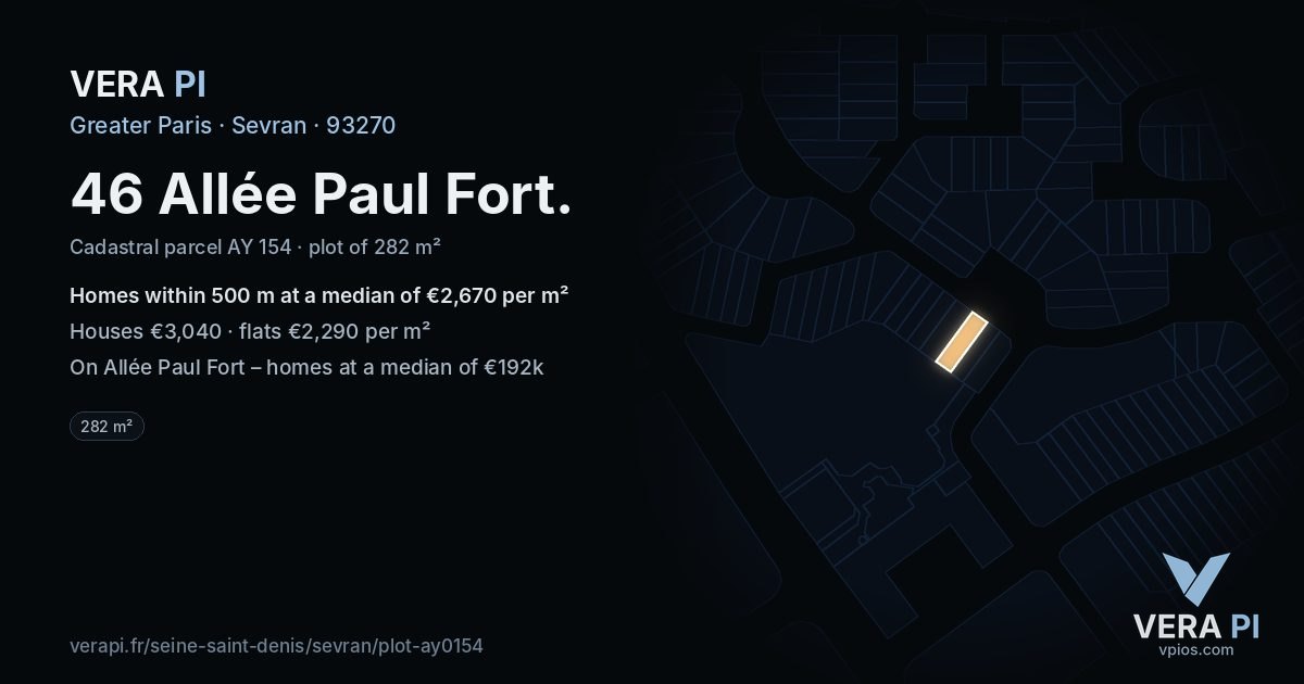 46 Allée Paul Fort, Sevran at night – the plot lit, the parcels around coloured by the prices near them