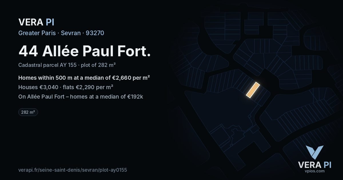 44 Allée Paul Fort, Sevran at night – the plot lit, the parcels around coloured by the prices near them