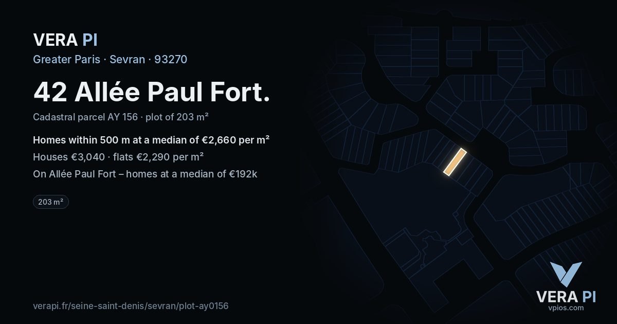 42 Allée Paul Fort, Sevran at night – the plot lit, the parcels around coloured by the prices near them