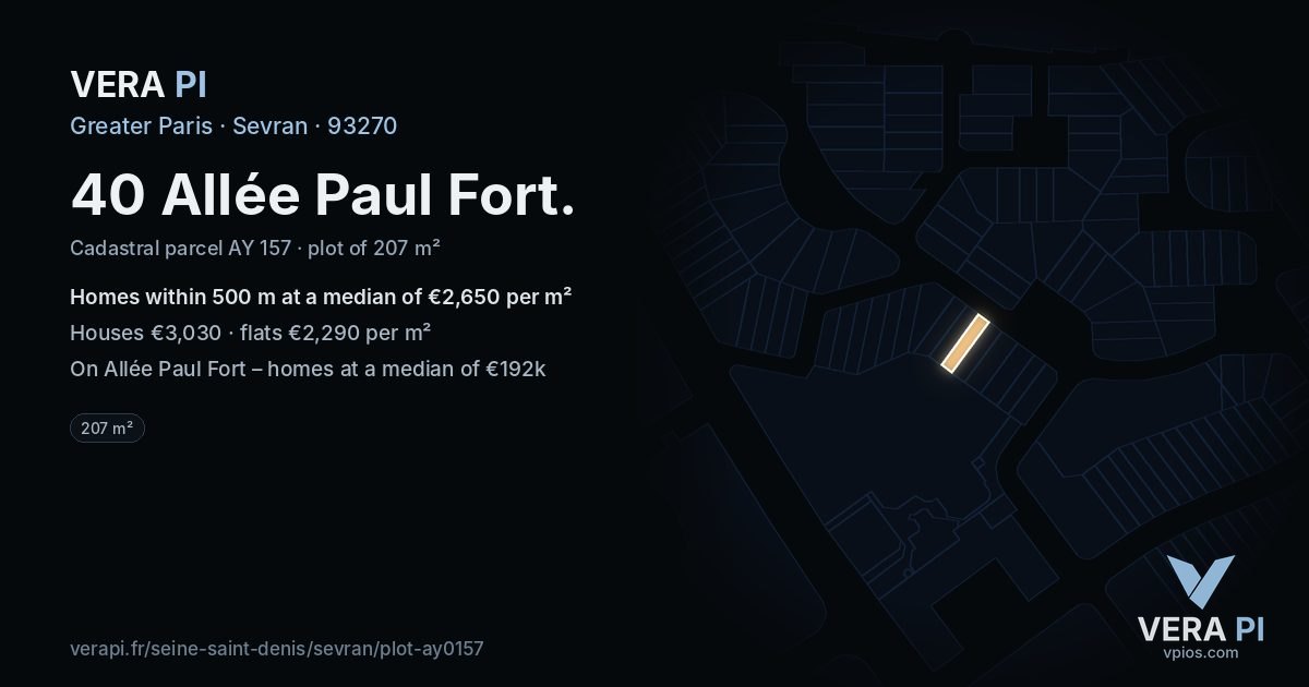 40 Allée Paul Fort, Sevran at night – the plot lit, the parcels around coloured by the prices near them