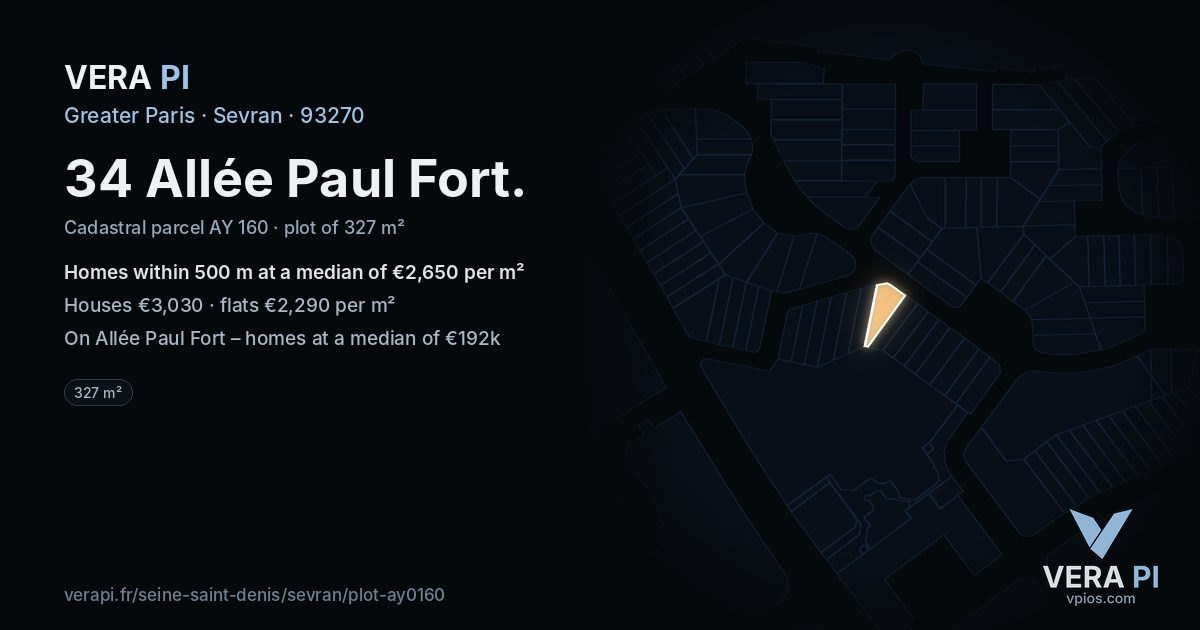 34 Allée Paul Fort, Sevran at night – the plot lit, the parcels around coloured by the prices near them