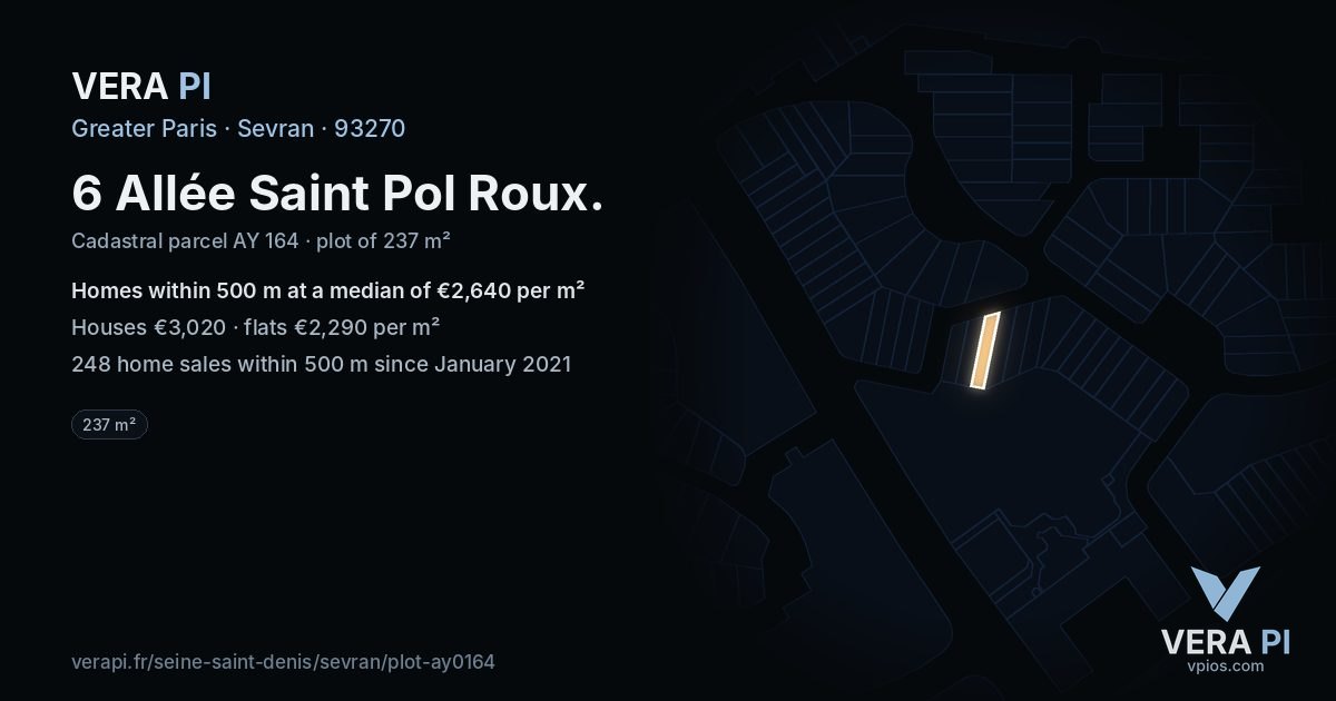 6 Allée Saint Pol Roux, Sevran at night – the plot lit, the parcels around coloured by the prices near them