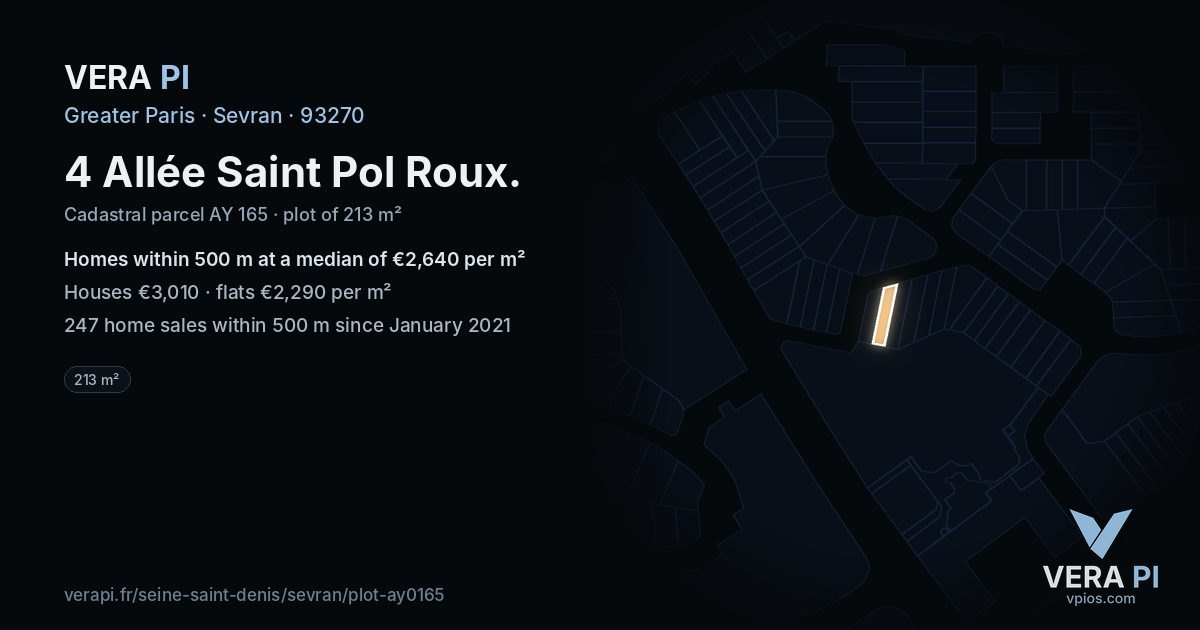 4 Allée Saint Pol Roux, Sevran at night – the plot lit, the parcels around coloured by the prices near them