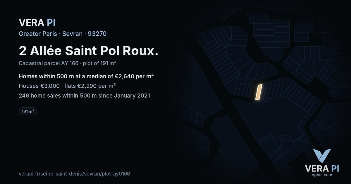 2 Allée Saint Pol Roux, Sevran at night – the plot lit, the parcels around coloured by the prices near them