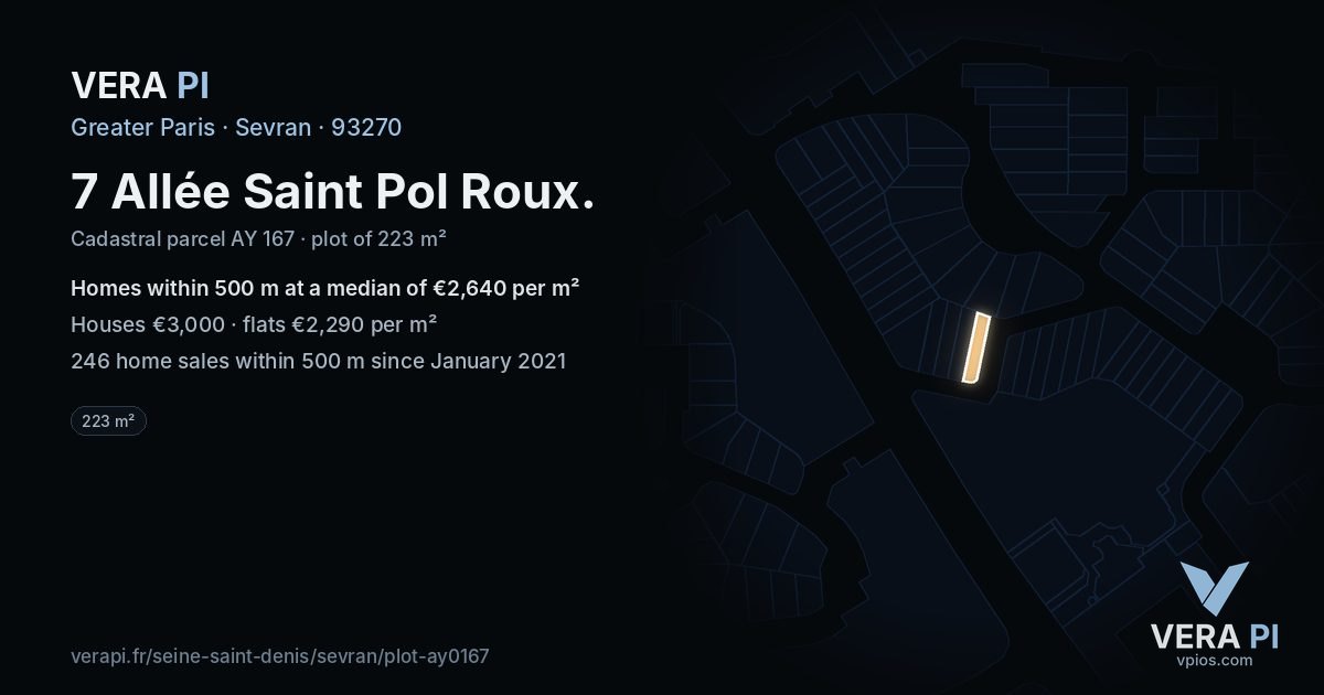 7 Allée Saint Pol Roux, Sevran at night – the plot lit, the parcels around coloured by the prices near them