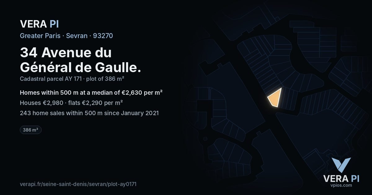 34 Avenue du Général de Gaulle, Sevran at night – the plot lit, the parcels around coloured by the prices near them