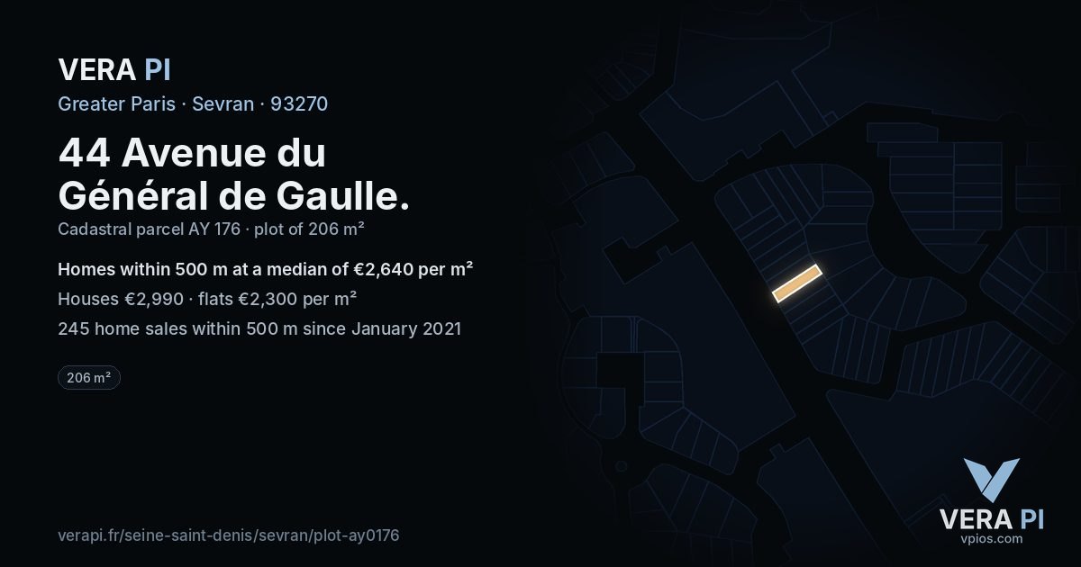 44 Avenue du Général de Gaulle, Sevran at night – the plot lit, the parcels around coloured by the prices near them
