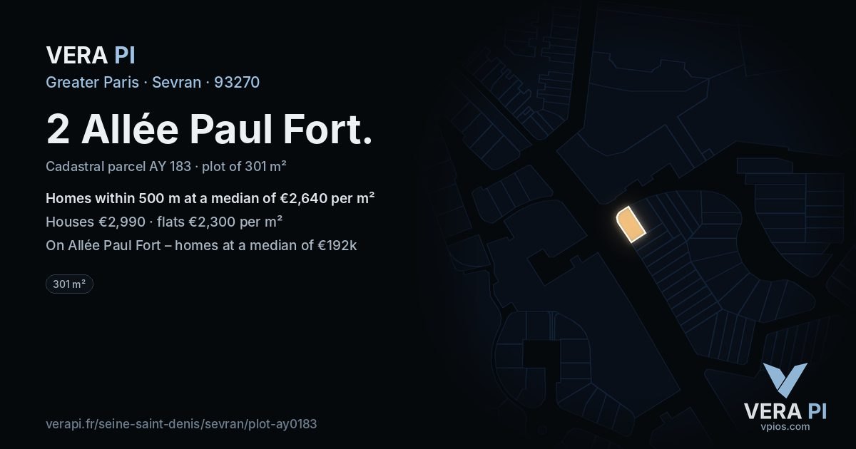 2 Allée Paul Fort, Sevran at night – the plot lit, the parcels around coloured by the prices near them