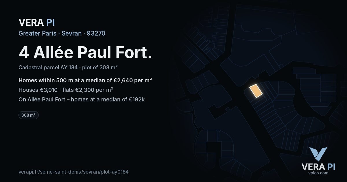 4 Allée Paul Fort, Sevran at night – the plot lit, the parcels around coloured by the prices near them