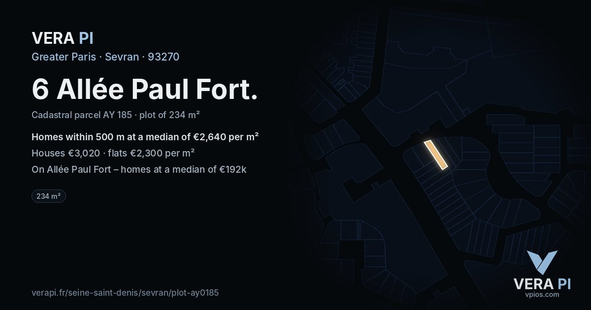 6 Allée Paul Fort, Sevran at night – the plot lit, the parcels around coloured by the prices near them
